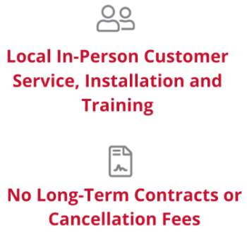 Two headshot icons with "local in-person customer service, installation, and training" written below and a paper icon with "no long-term contracts or cancellation fees" written below.